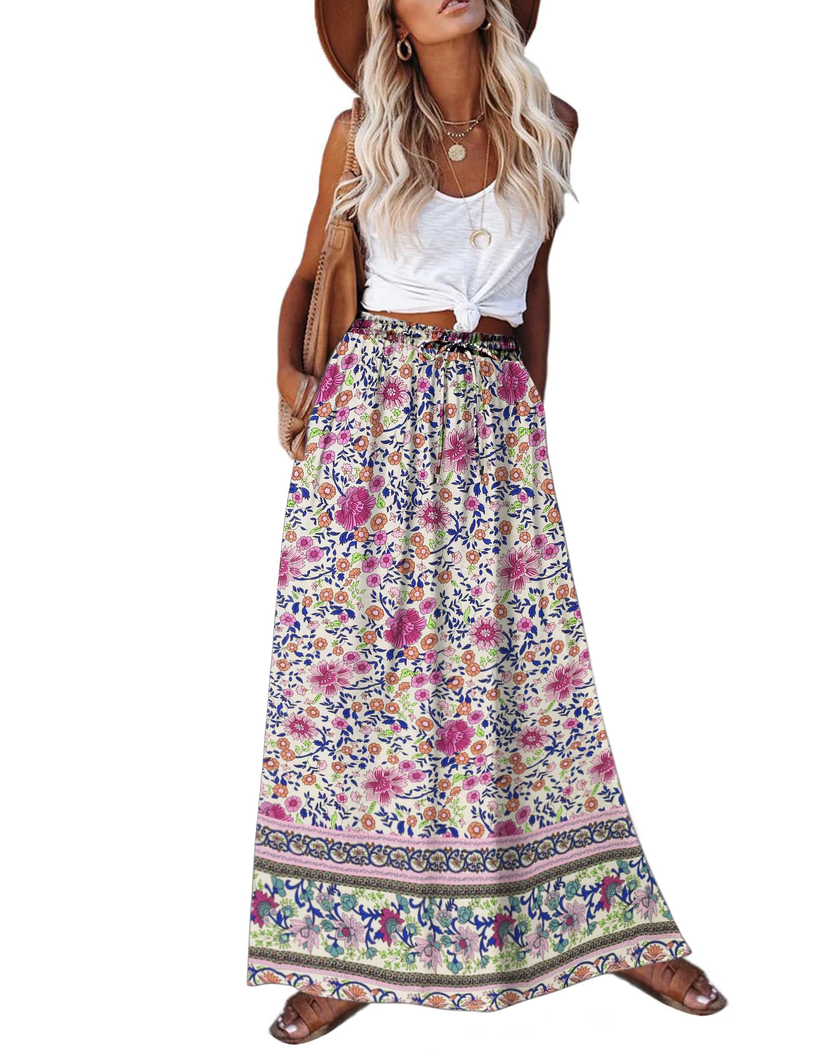 2026 Youth Boho Floral Maxi Skirt for Women Casual Elastic High Waist Flowy A Line Long Beach Skirt with Side Pockets