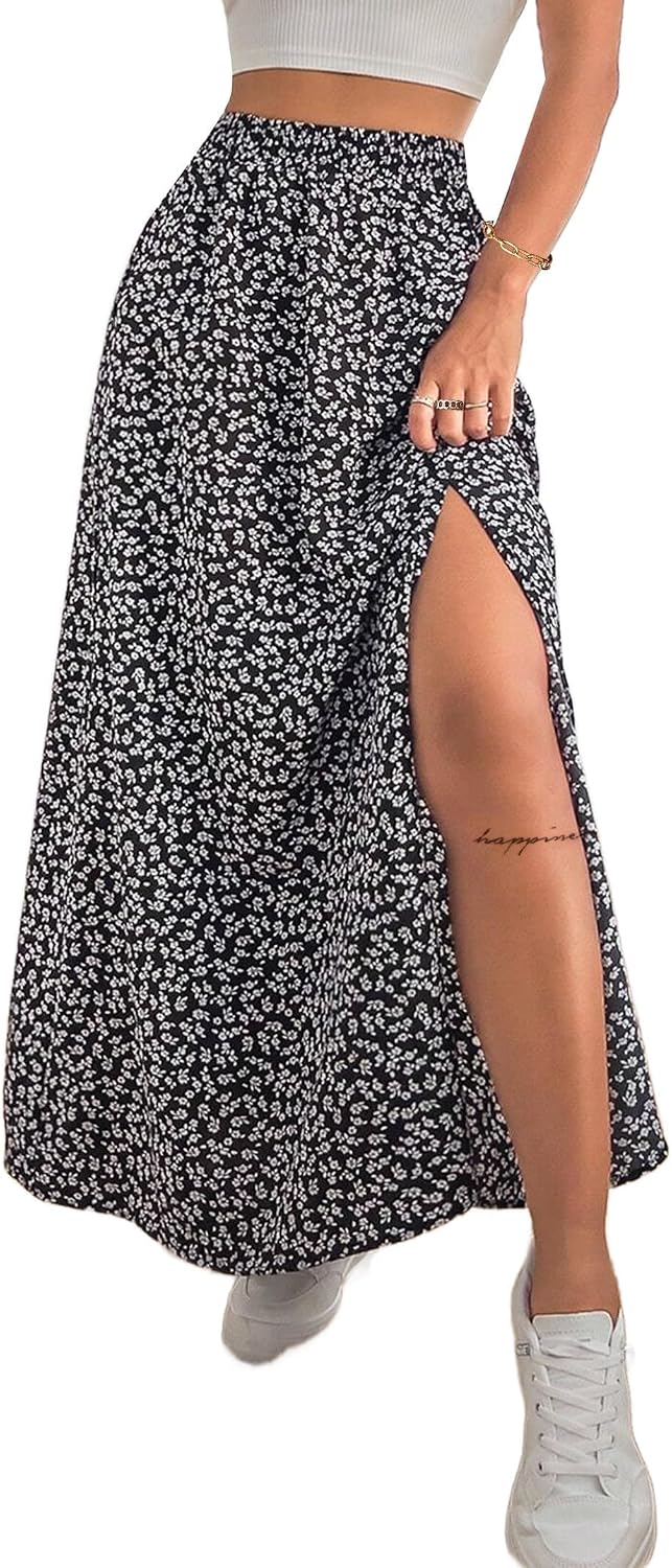 Business Womens Boho Floral Split Thigh High Waisted Slit Maxi Skirt Long Skirt for Business Casual Office Daily Wear