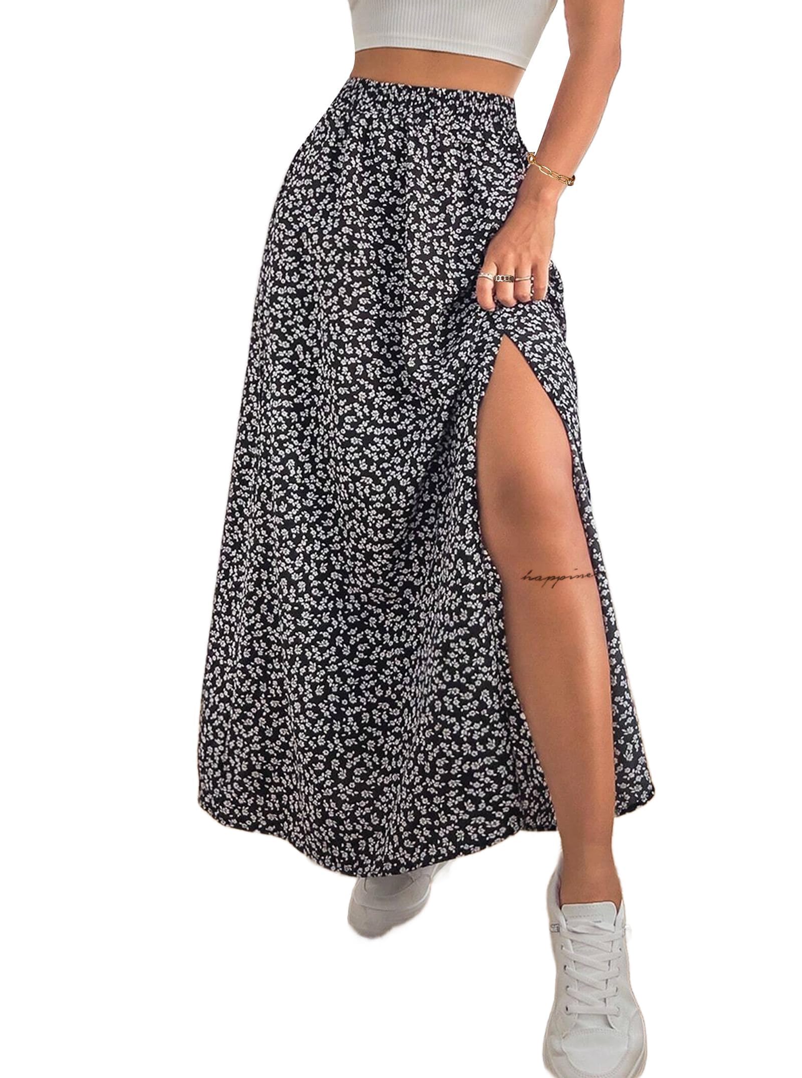 Business Womens Boho Floral Split Thigh High Waisted Slit Maxi Skirt Long Skirt for Business Casual Office Daily Wear
