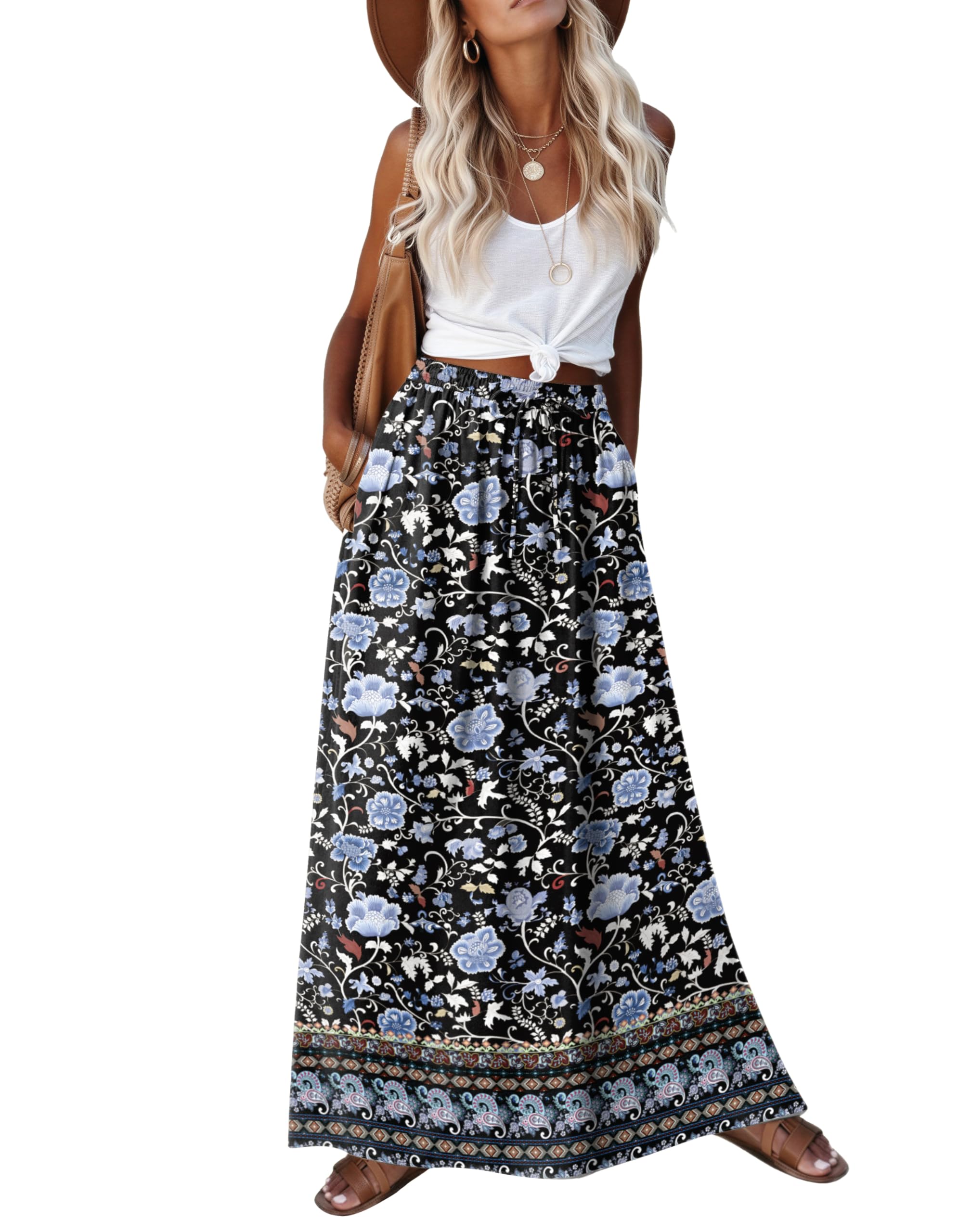 2026 Minimalist Boho Floral Maxi Skirt for Women Casual Elastic High Waist Flowy A Line Long Beach Skirt with Side Pockets