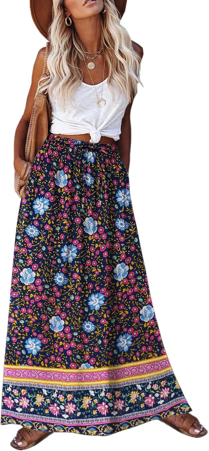 2026 Youth Boho Floral Maxi Skirt for Women Casual Elastic High Waist Flowy A Line Long Beach Skirt with Side Pockets