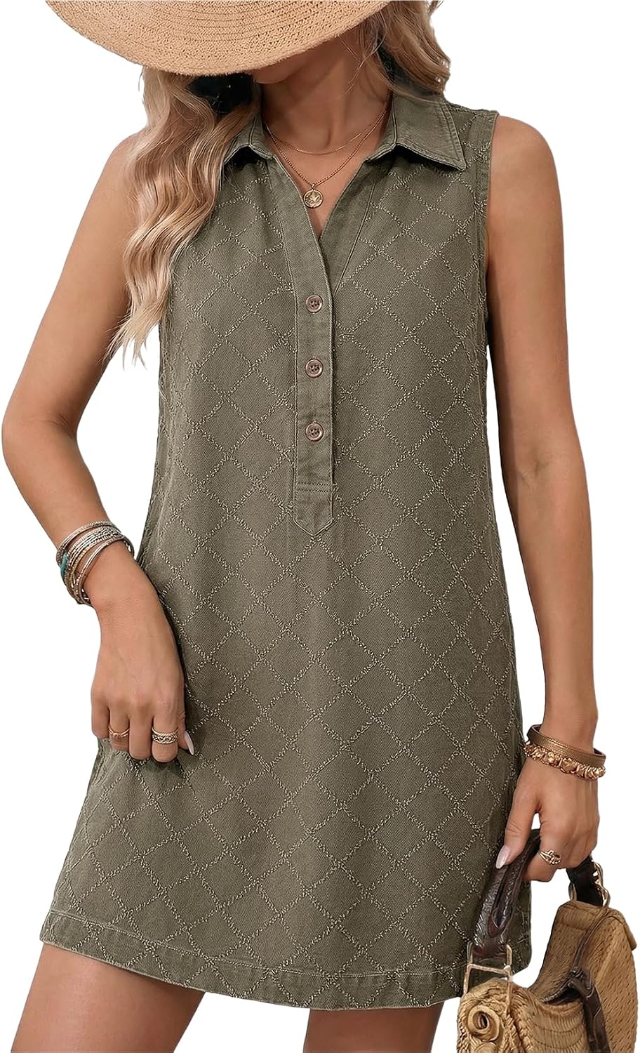 Womens Business Summer Casual Sleeveless V Neck Button Mini Denim Dress with Pockets Daily Outing