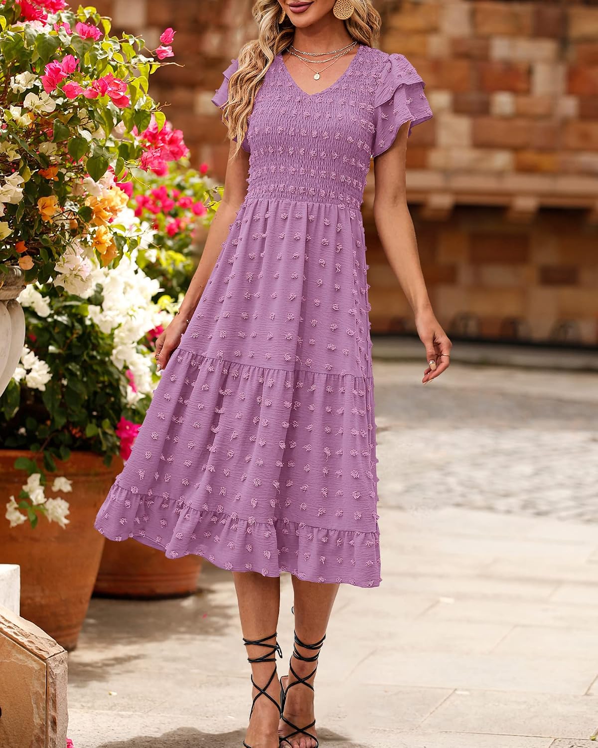Womens Business Casual Summer Short Ruffles Tiered Sleeve Smocked Midi Dresses Bohemian Floral V Neck Wedding Guest Long Dresses