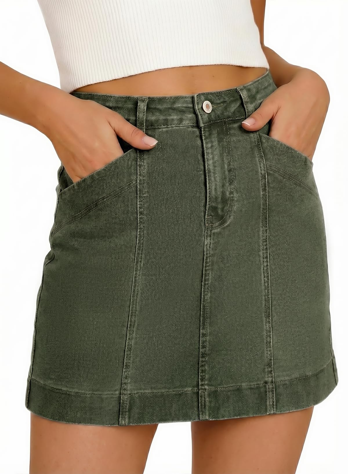 Minimalist Womens High Waisted Stretch Denim Jean Skirt Casual Trendy Front Seam Mini Skirt with Pockets Daily Wear