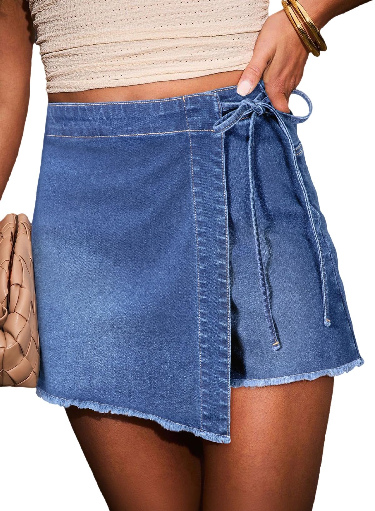 Business Womens Asymmetrical Side Tie Wrap Denim Mini Skort High Waisted Raw Hem Stretchy Denim Skort for Business Casual