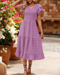 Womens Business Casual Summer Short Ruffles Tiered Sleeve Smocked Midi Dresses Bohemian Floral V Neck Wedding Guest Long Dresses