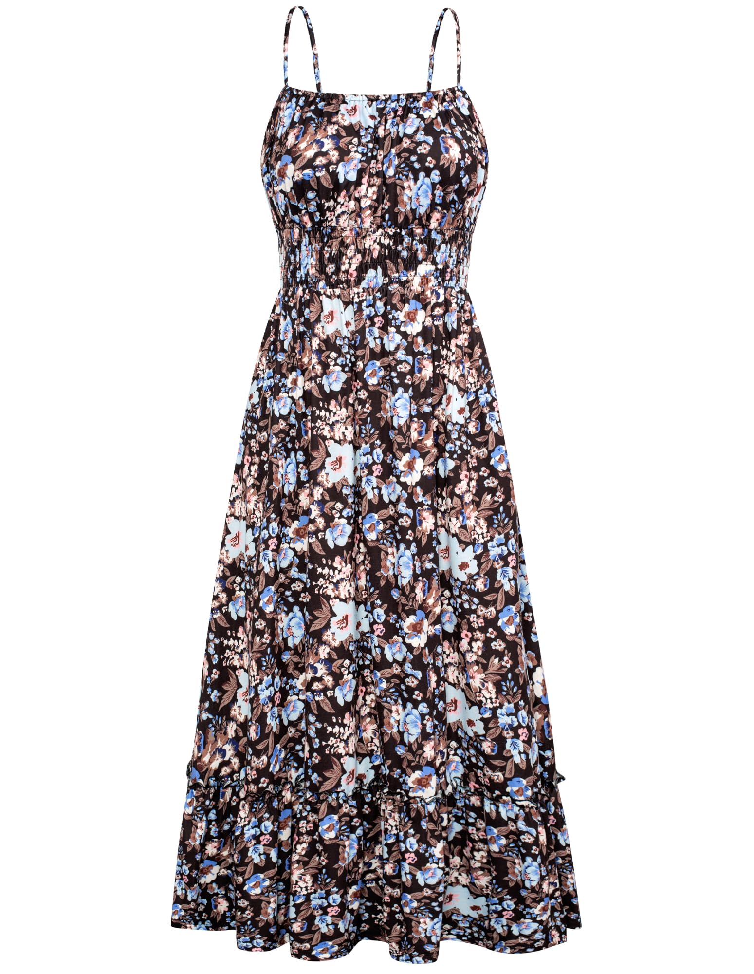 2026 Business Casual Women's Summer Smocked Floral Boho Maxi Dress Vacation Beach Sundress With Pockets Daily Wear