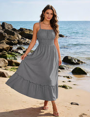 Womens Summer Ruched Bust Sundress With Adjustable Straps Pockets Beach Vacation