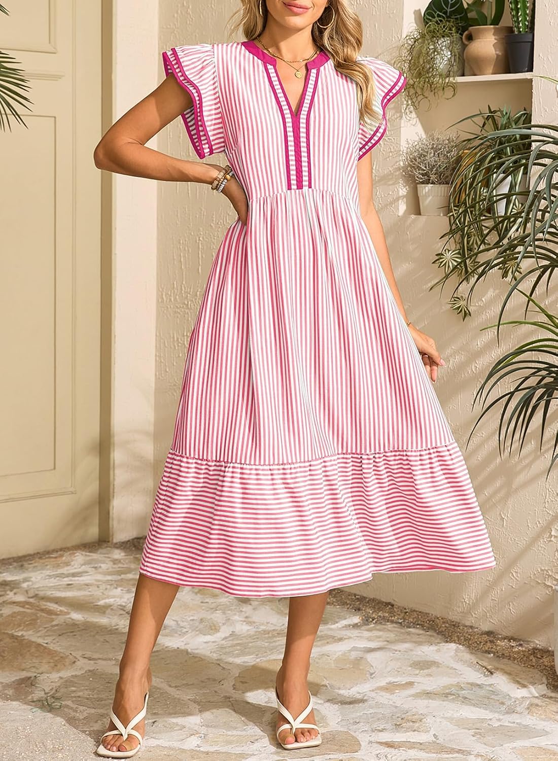 2026 Business Womens Summer V Neck Ruffle Cap Sleeve Empire Waist Flowy Striped Beach Midi Maxi Dress With Pockets