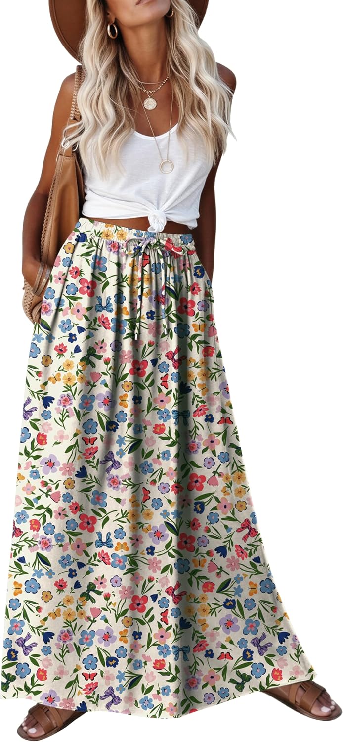 2026 Youth Boho Floral Maxi Skirt for Women Casual Elastic High Waist Flowy A Line Long Beach Skirt with Side Pockets