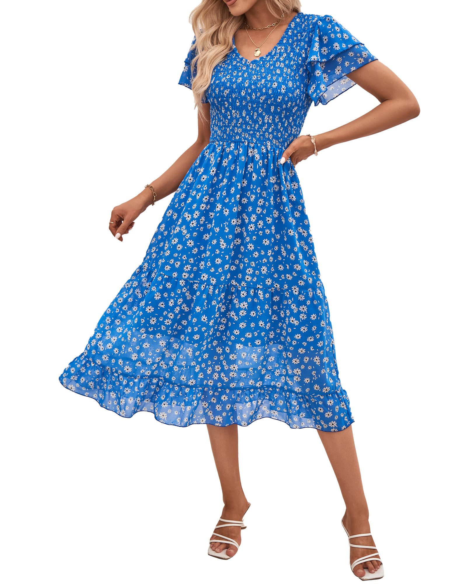 Womens Business Casual Summer Short Ruffles Tiered Sleeve Smocked Midi Dresses Bohemian Floral V Neck Wedding Guest Long Dresses