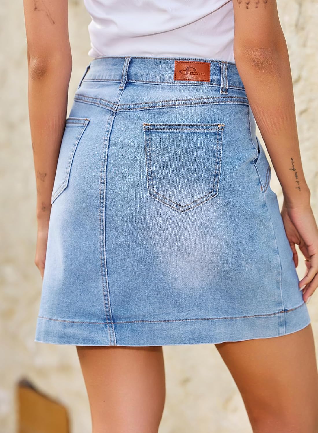 Minimalist Womens High Waisted Stretch Denim Jean Skirt Casual Trendy Front Seam Mini Skirt with Pockets Daily Wear