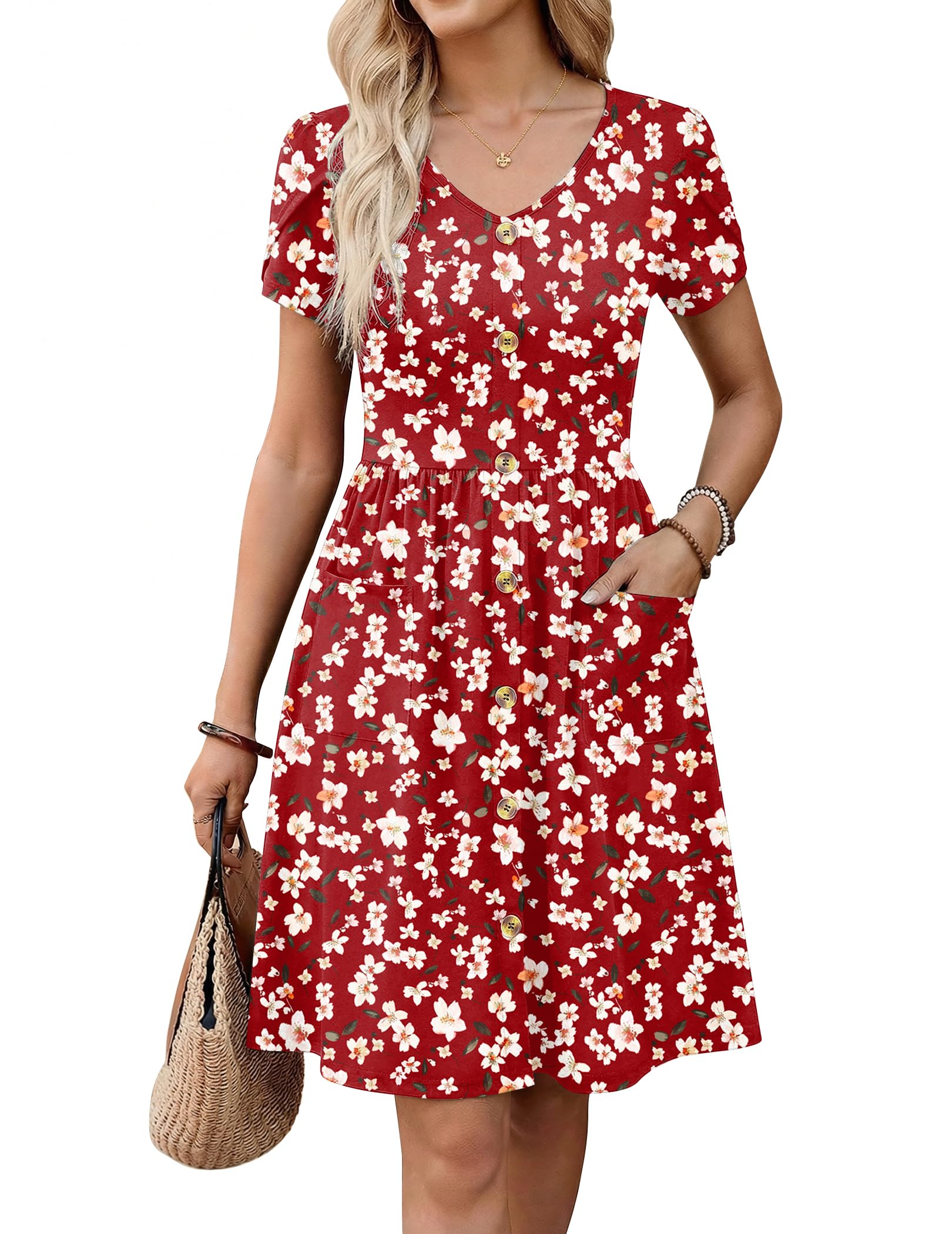Minimalist 2026 Women's Summer Mini Petal Short Sleeve Pleated Button Down V Neck Floral Beach Swing Vacation Dress