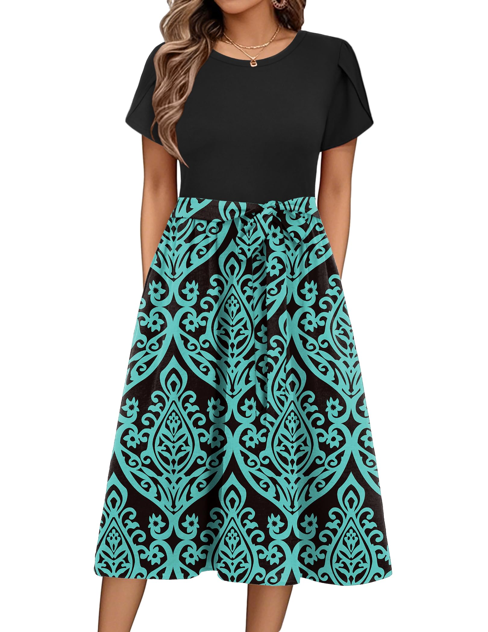 Womens Minimalist Summer Midi Dress Short Sleeve Casual 2025 Floral T-Shirt Dress Flowy Beach Sundress with Pockets