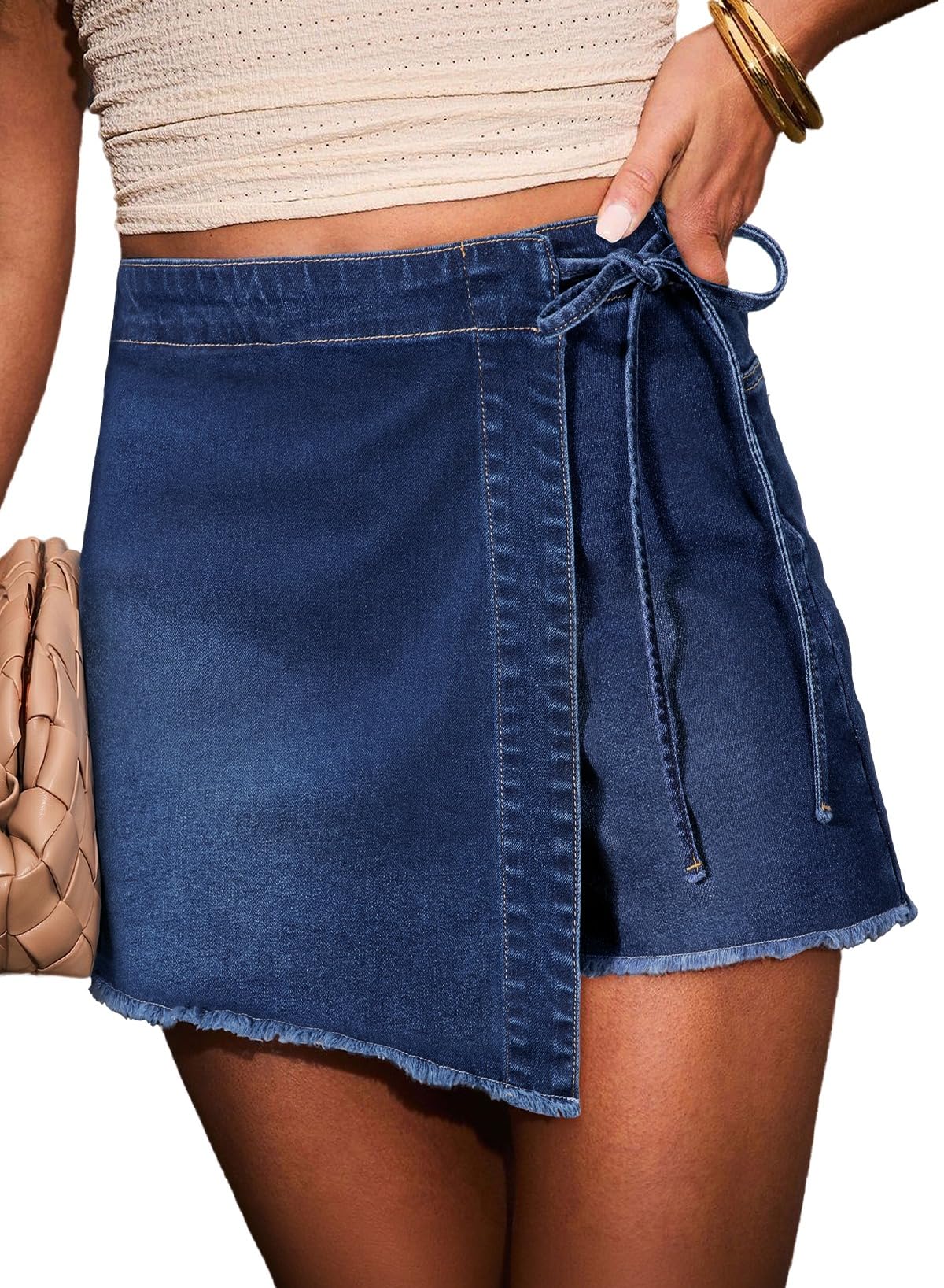 Business Womens Asymmetrical Side Tie Wrap Denim Mini Skort High Waisted Raw Hem Stretchy Denim Skort for Business Casual