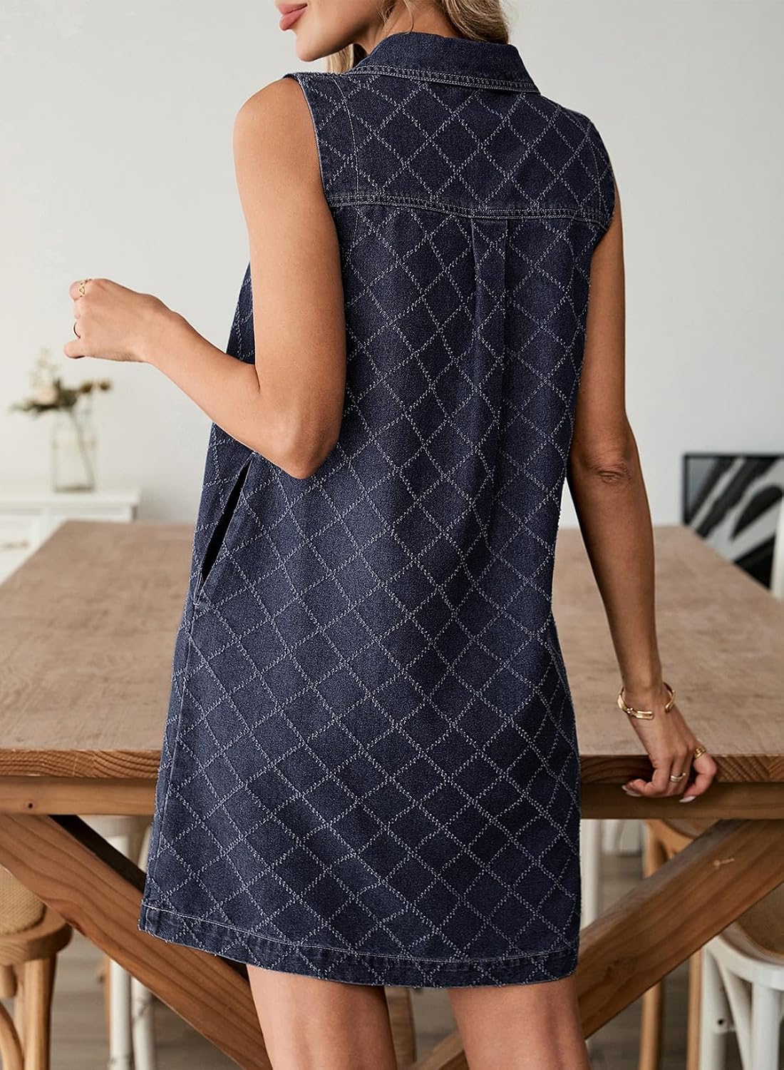 Womens Business Summer Casual Sleeveless V Neck Button Mini Denim Dress with Pockets Daily Outing