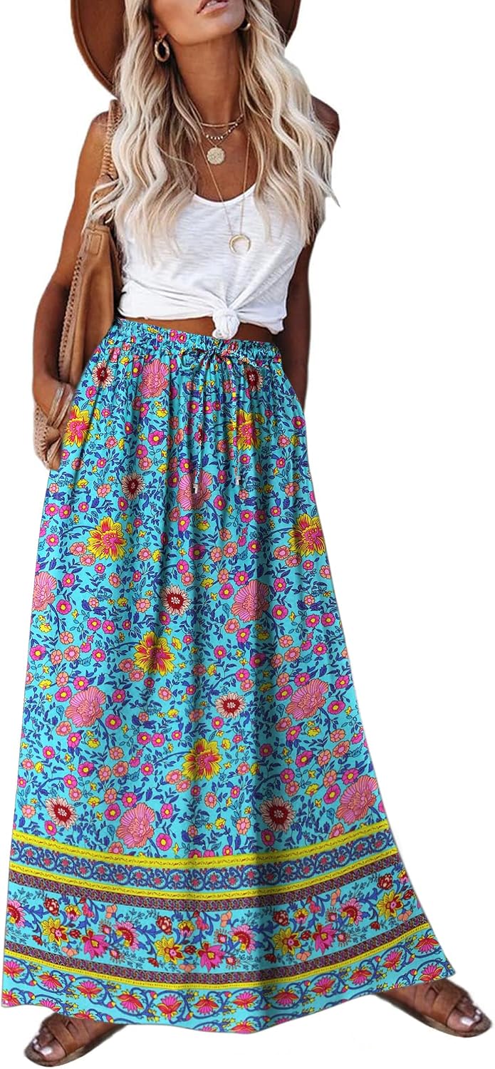 2026 Youth Boho Floral Maxi Skirt for Women Casual Elastic High Waist Flowy A Line Long Beach Skirt with Side Pockets