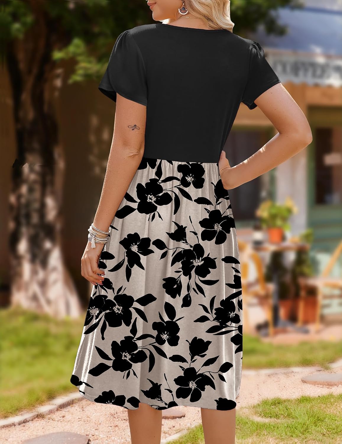 Womens Minimalist Summer Midi Dress Short Sleeve Casual 2025 Floral T-Shirt Dress Flowy Beach Sundress with Pockets