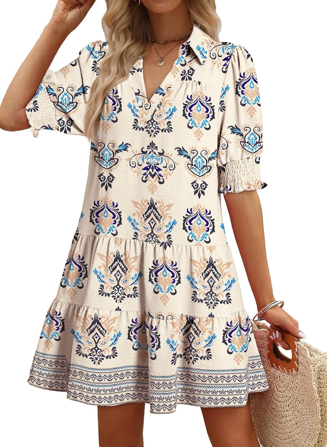 Youth Womens Casual Summer Dresses Lapel Collared V Neck Mid Sleeved Pleated 2026 Midi Dress Daily Outfit