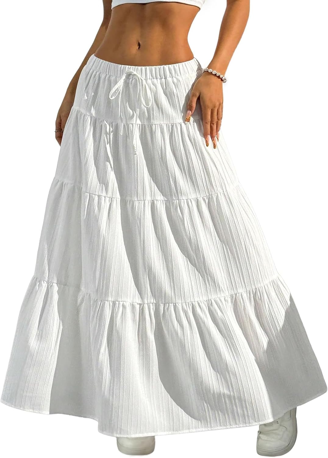 2026 Business Womens Boho Flowy White Maxi Skirt Flared Ruffle Elastic Waist Summer A Line Long Skirt for Business Events