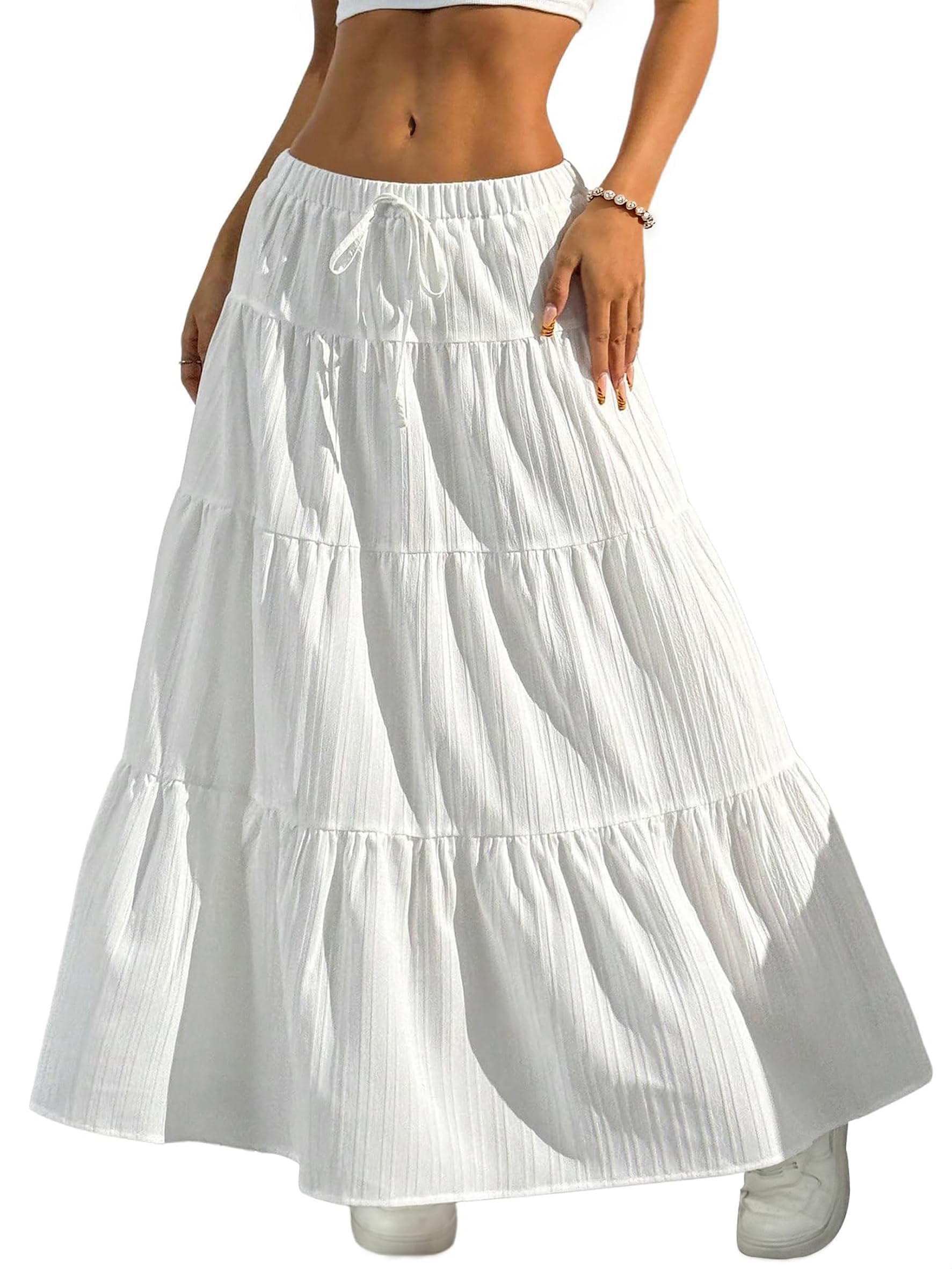 2026 Business Womens Boho Flowy White Maxi Skirt Flared Ruffle Elastic Waist Summer A Line Long Skirt for Business Events