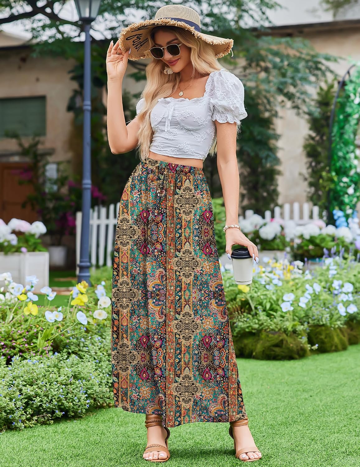 2026 Minimalist Boho Floral Maxi Skirt for Women Casual Elastic High Waist Flowy A Line Long Beach Skirt with Side Pockets