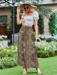 2026 Minimalist Boho Floral Maxi Skirt for Women Casual Elastic High Waist Flowy A Line Long Beach Skirt with Side Pockets