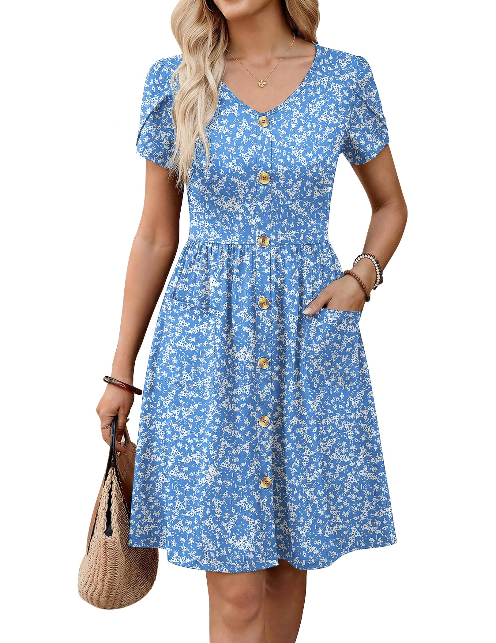 Minimalist 2026 Women's Summer Mini Petal Short Sleeve Pleated Button Down V Neck Floral Beach Swing Vacation Dress